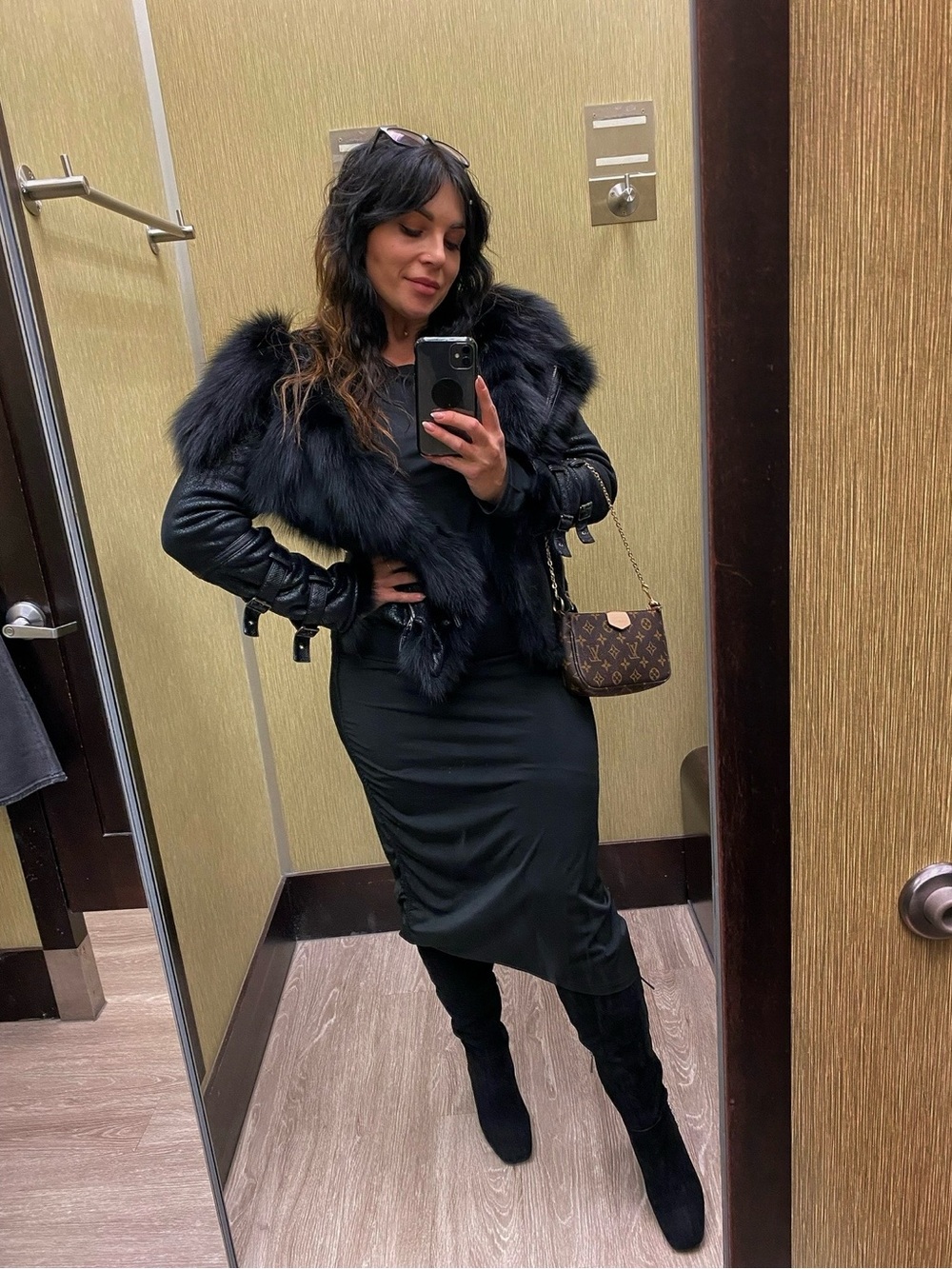 Women's Black Faux Fur Trim Leather Jacket with real Fox fur